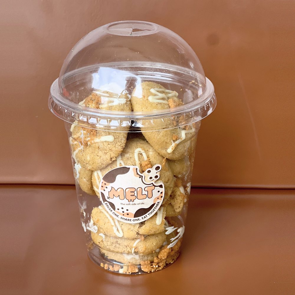MELT. Biscoff & Cream Cookie-in-a-Cup: mini Biscoff cookies in a domed cup with the branded sticker